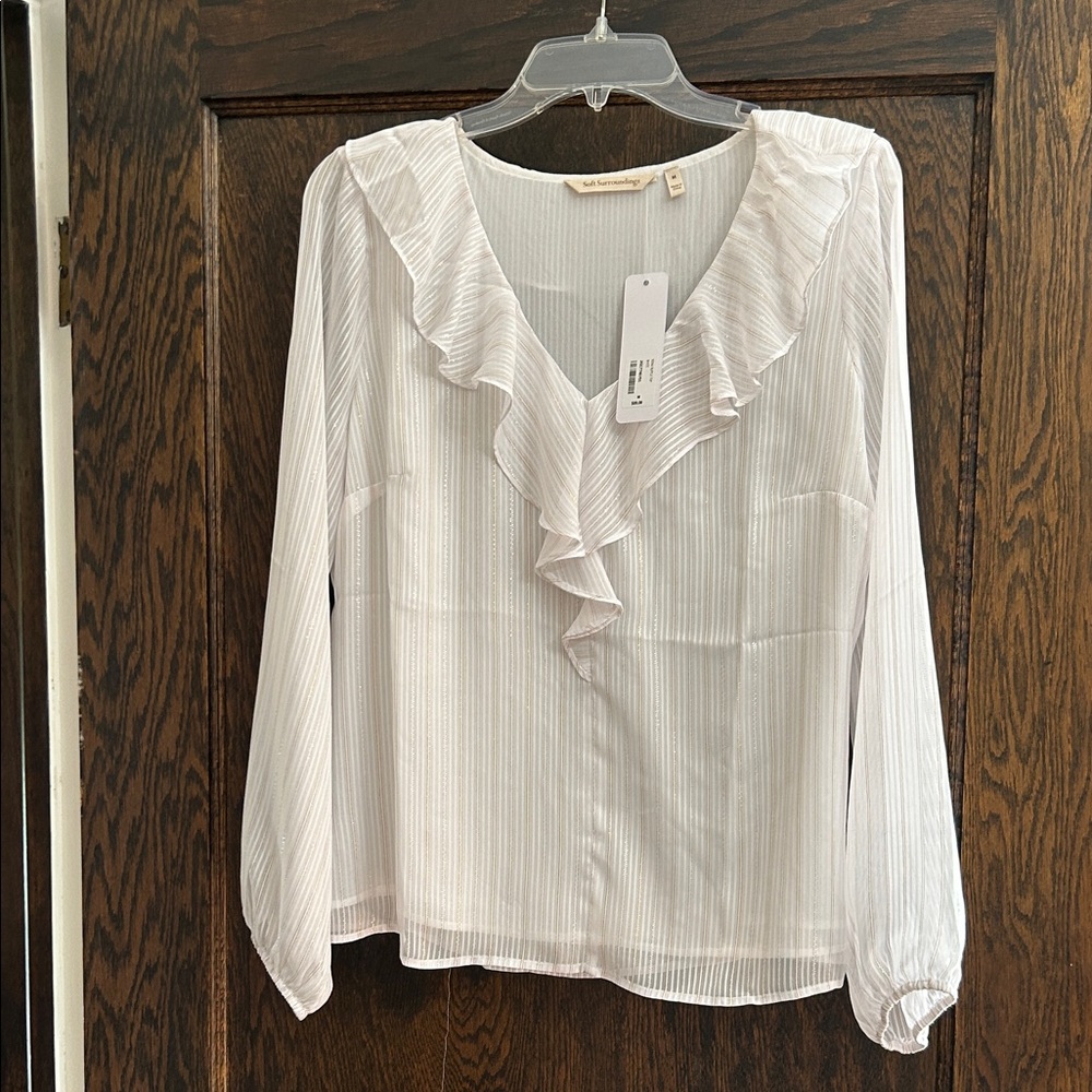 NWT Soft Surroundings White Ruffle V-Neck Blouse